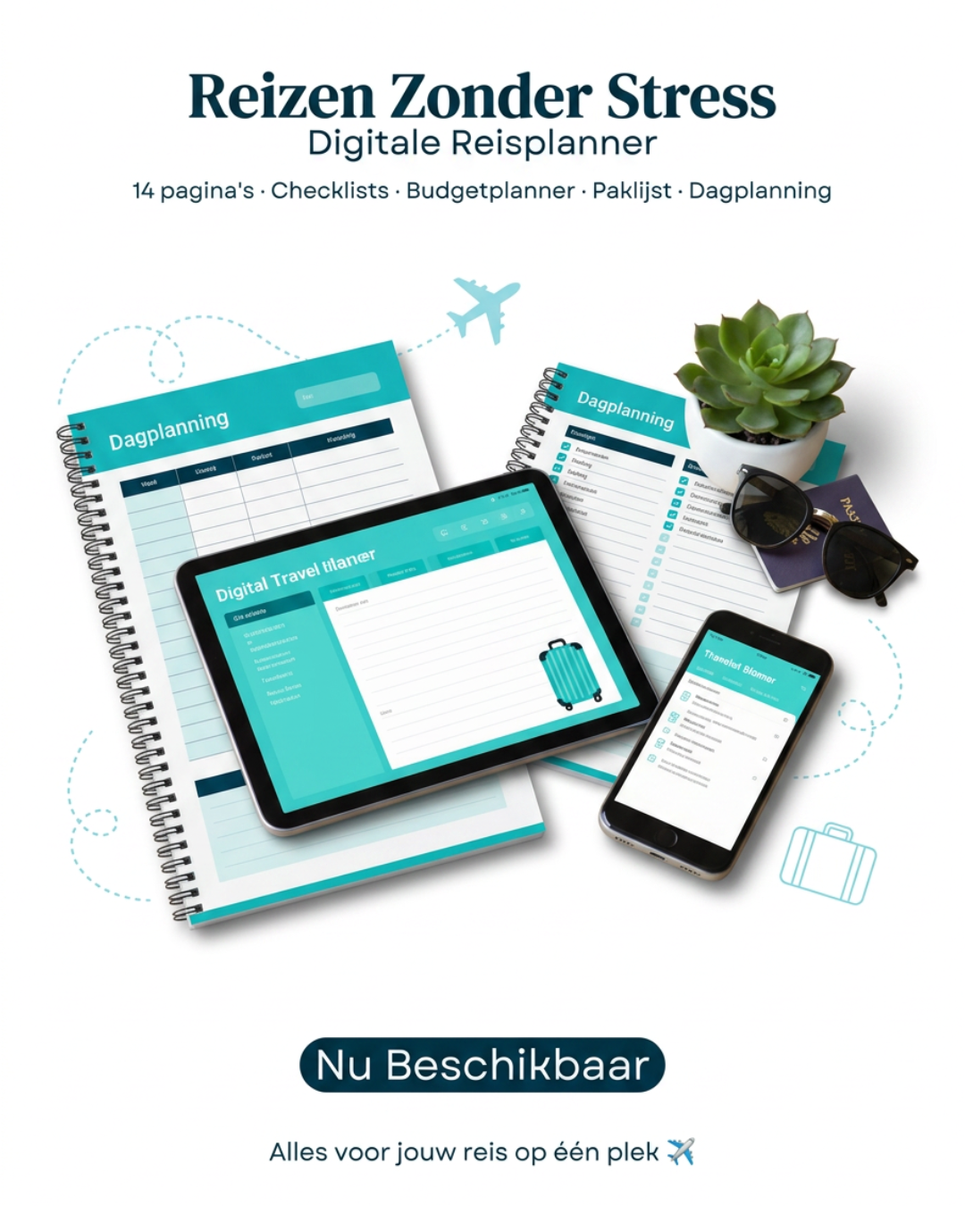 Mockup van de digitale reisplanner op tablet, telefoon en geprinte pagina's