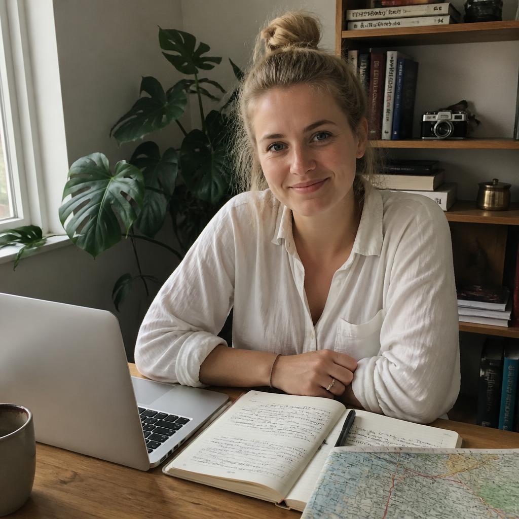 Sanne, maker van de reisplanner, aan haar bureau met kaarten